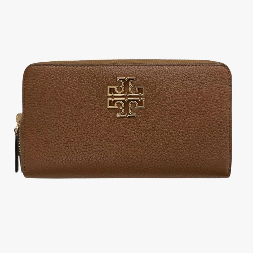 Tory Burch Pebbled Leather Zip Wallet in Brown with Gold Logo